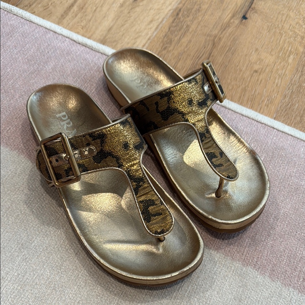 Prada Gold Brocade Buckle Thong Women's Sandals